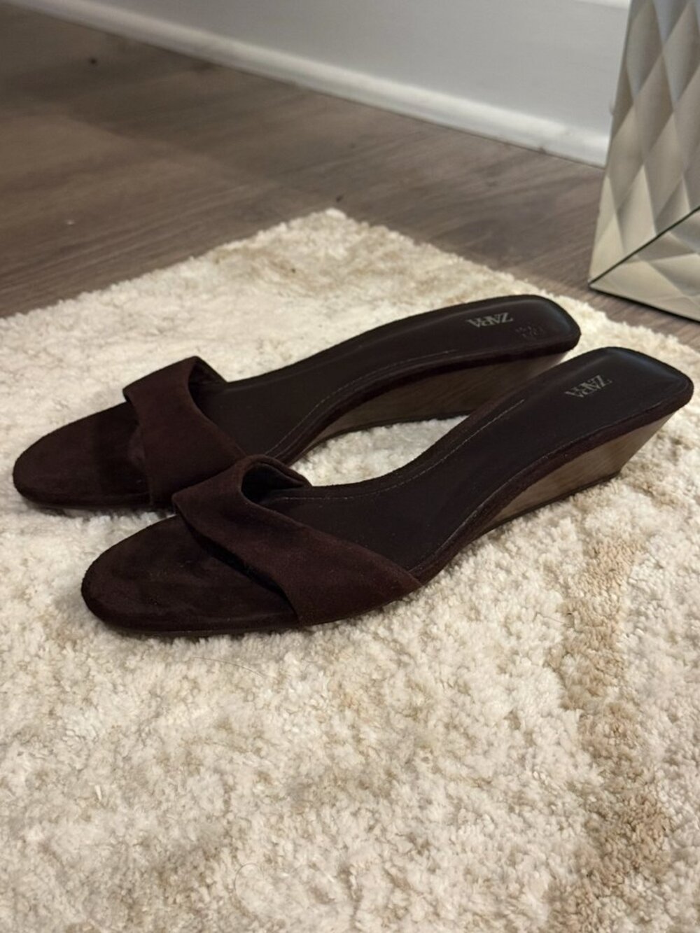 ZARA Brown Suede Heeled Slide Sandals – Wood Heel – Size 38
